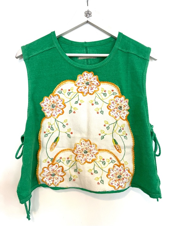 Free People Tops - Free People Upcycled Green Tank Top with Cream Floral Embroidered Panel
